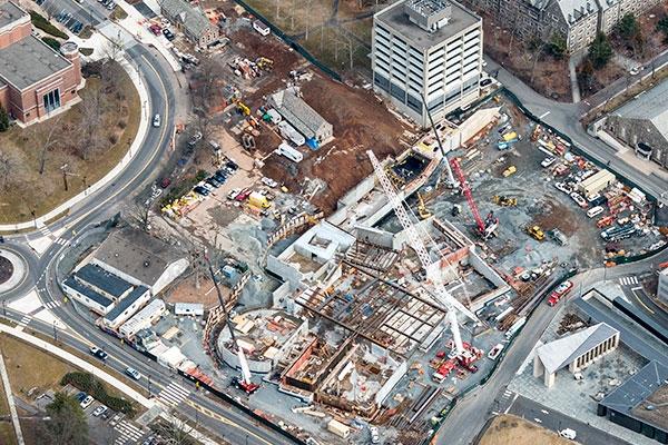 Aerial view of construction of arts complex