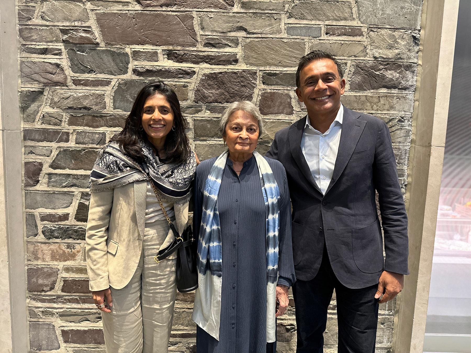 Shanthi Kandiah, Vidya Dehejia and Brahmal Vasudevan pose at the announcement of the new professorship.