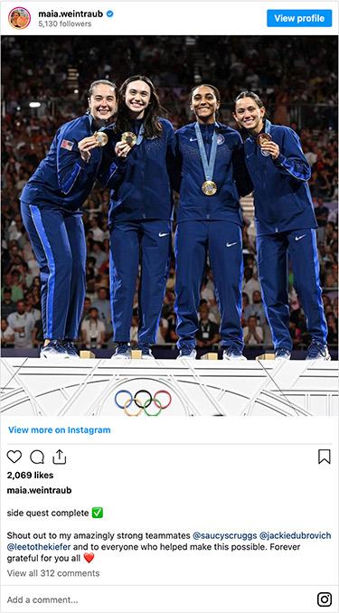 Maia Chamberlain and for three Olympic teammates on the medal stand in Paris with their gold medals