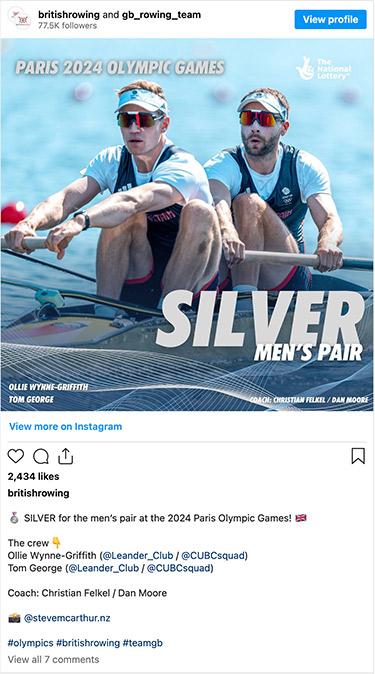 Tom George and his teammate rowing hard at the 2024 Olympics