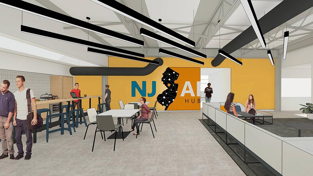 An artist rendering of the entry to the new AI Hub, with students seated at tables. 